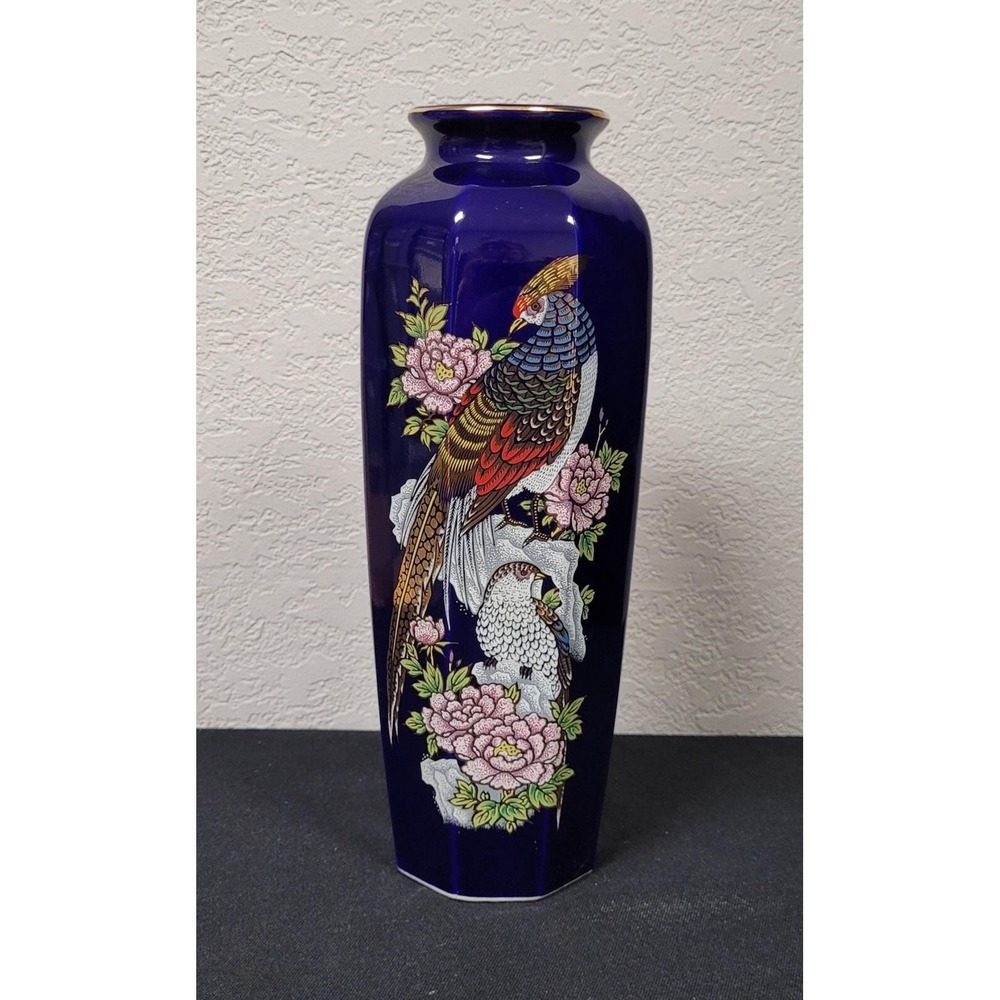 Made in Japan  Cobalt Blue Pheasant And Flowers Vase 10 inch